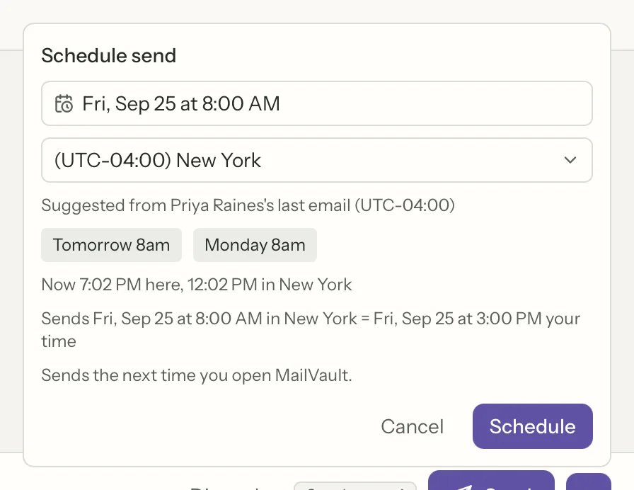 Scheduled Send in MailVault, close up · MailVault version 2.16.0