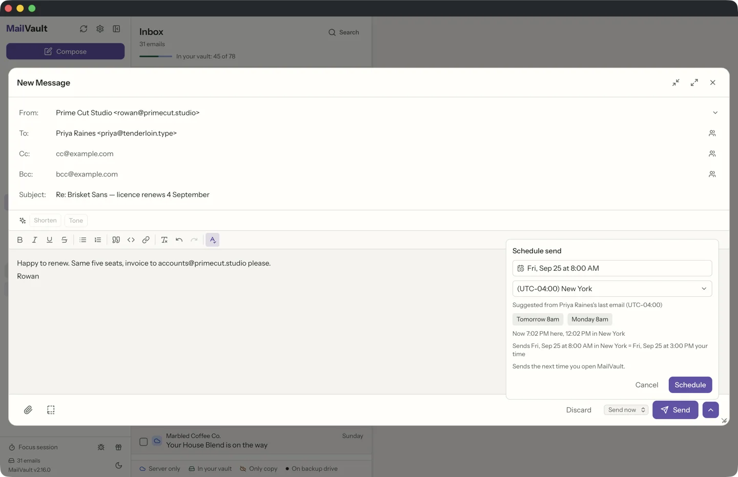 MailVault Compose with the Schedule send panel open: a reply set for 8:00 AM in New York, the time zone suggested from the recipient’s last email · MailVault version 2.16.0 en