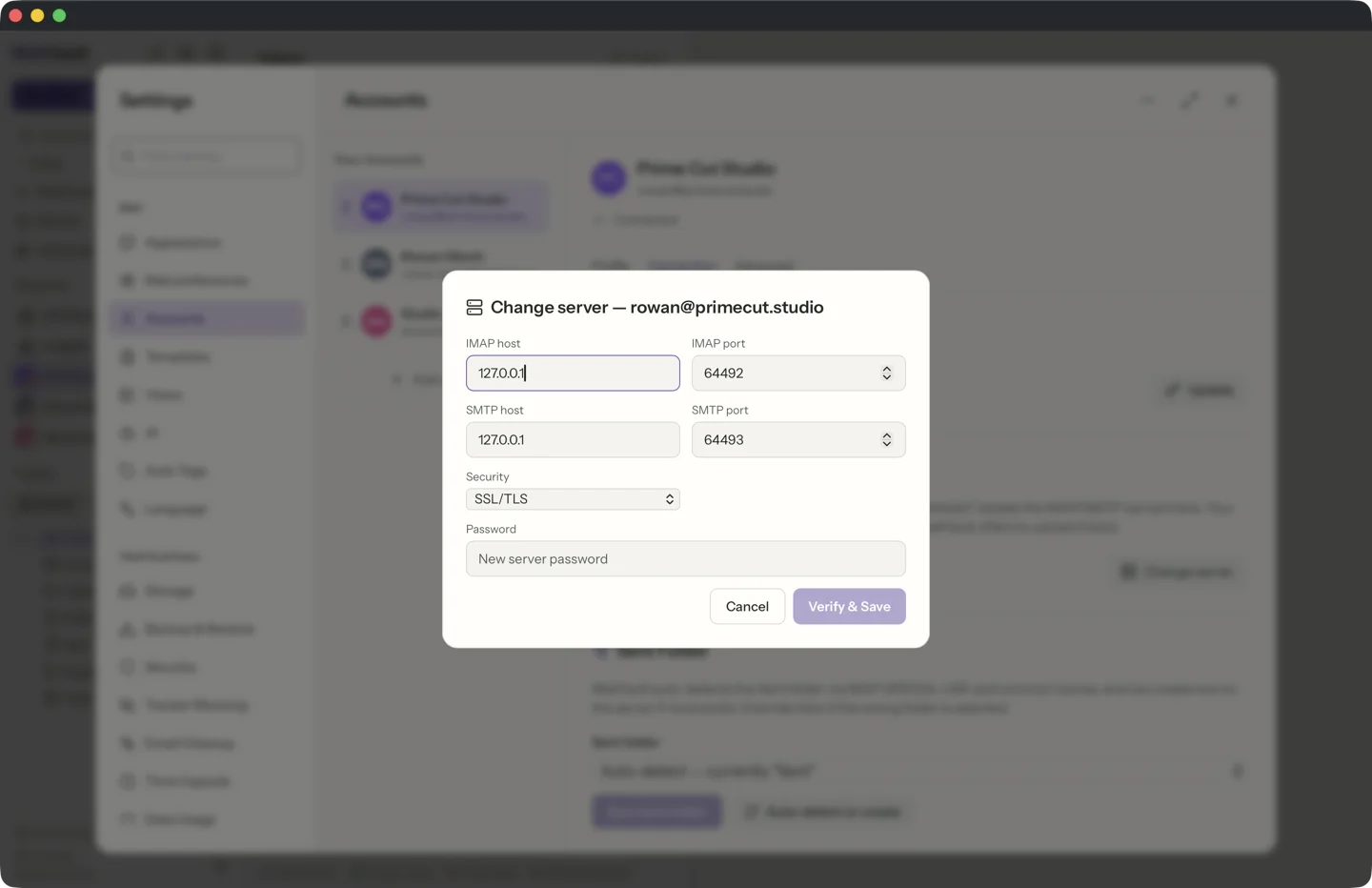 Guided server change in MailVault · MailVault version 2.16.0