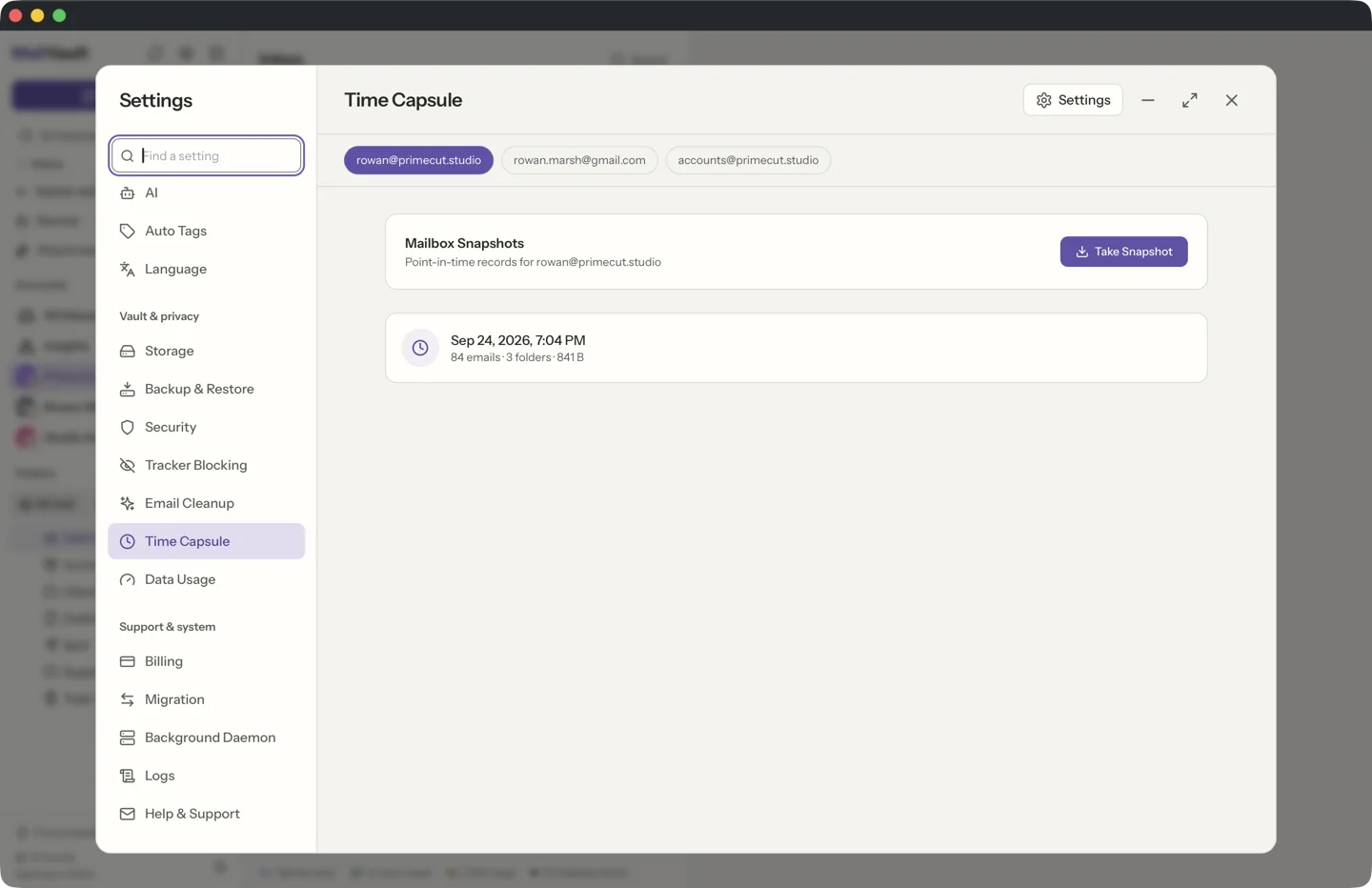 Time Capsule in MailVault · MailVault version 2.16.0