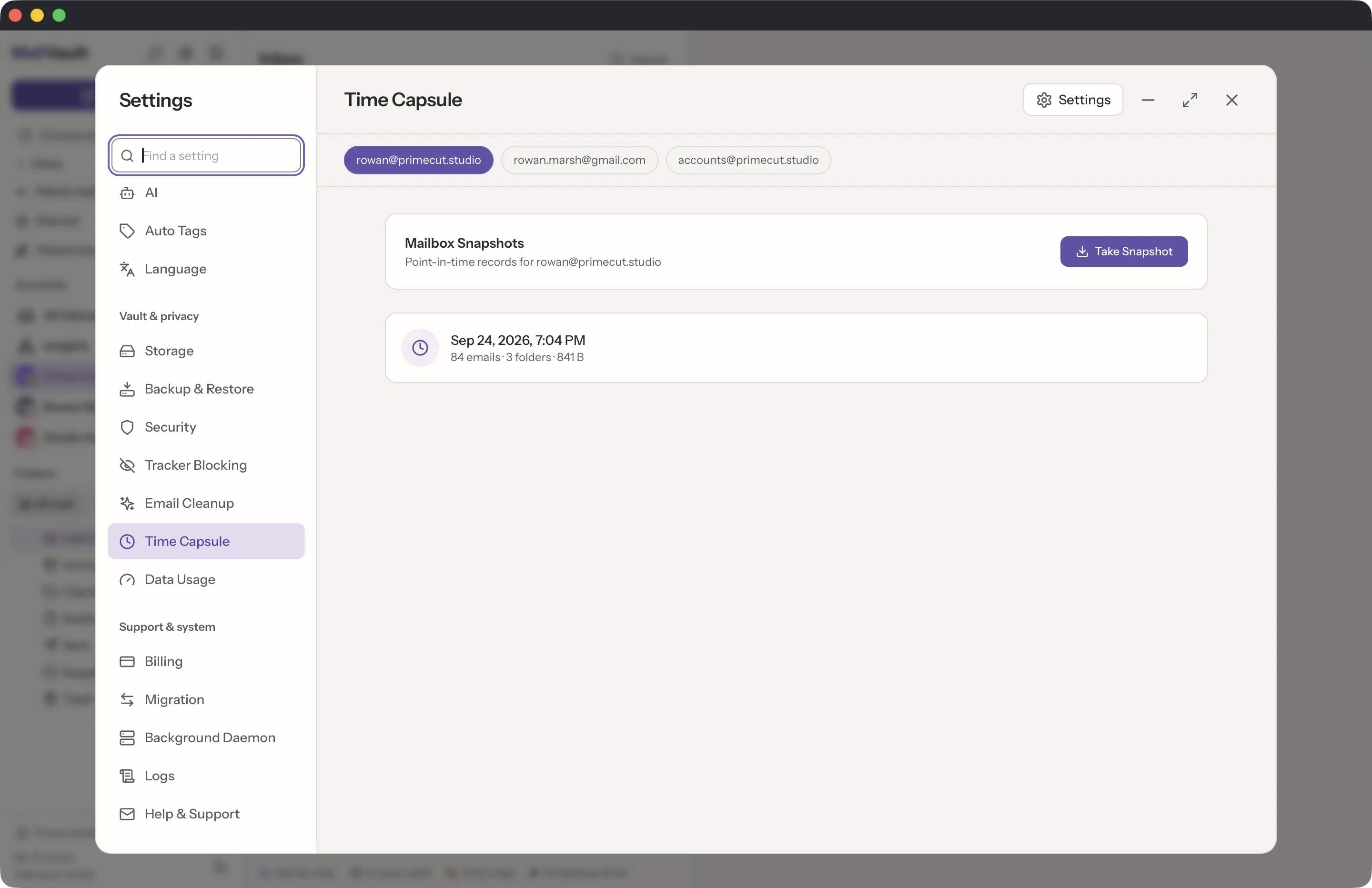 Time Capsule in the MailVault window · MailVault version 2.16.0