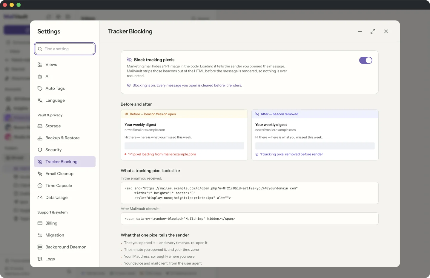 Tracker removal in MailVault · MailVault version 2.16.0