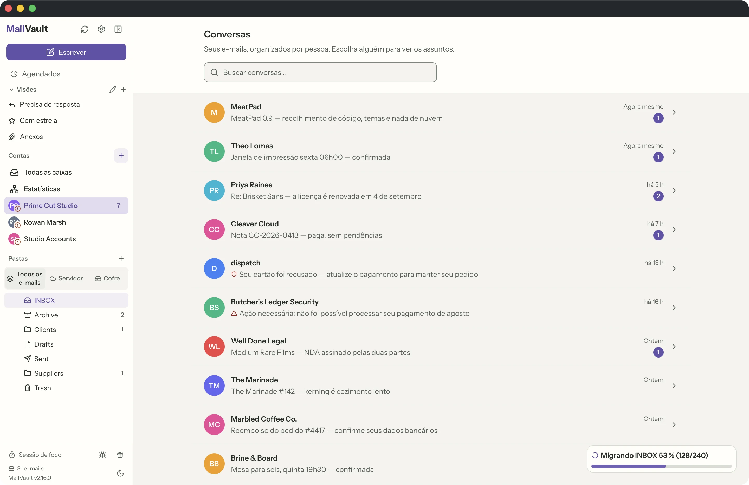 Formas de ler na janela do MailVault · MailVault version 2.16.0