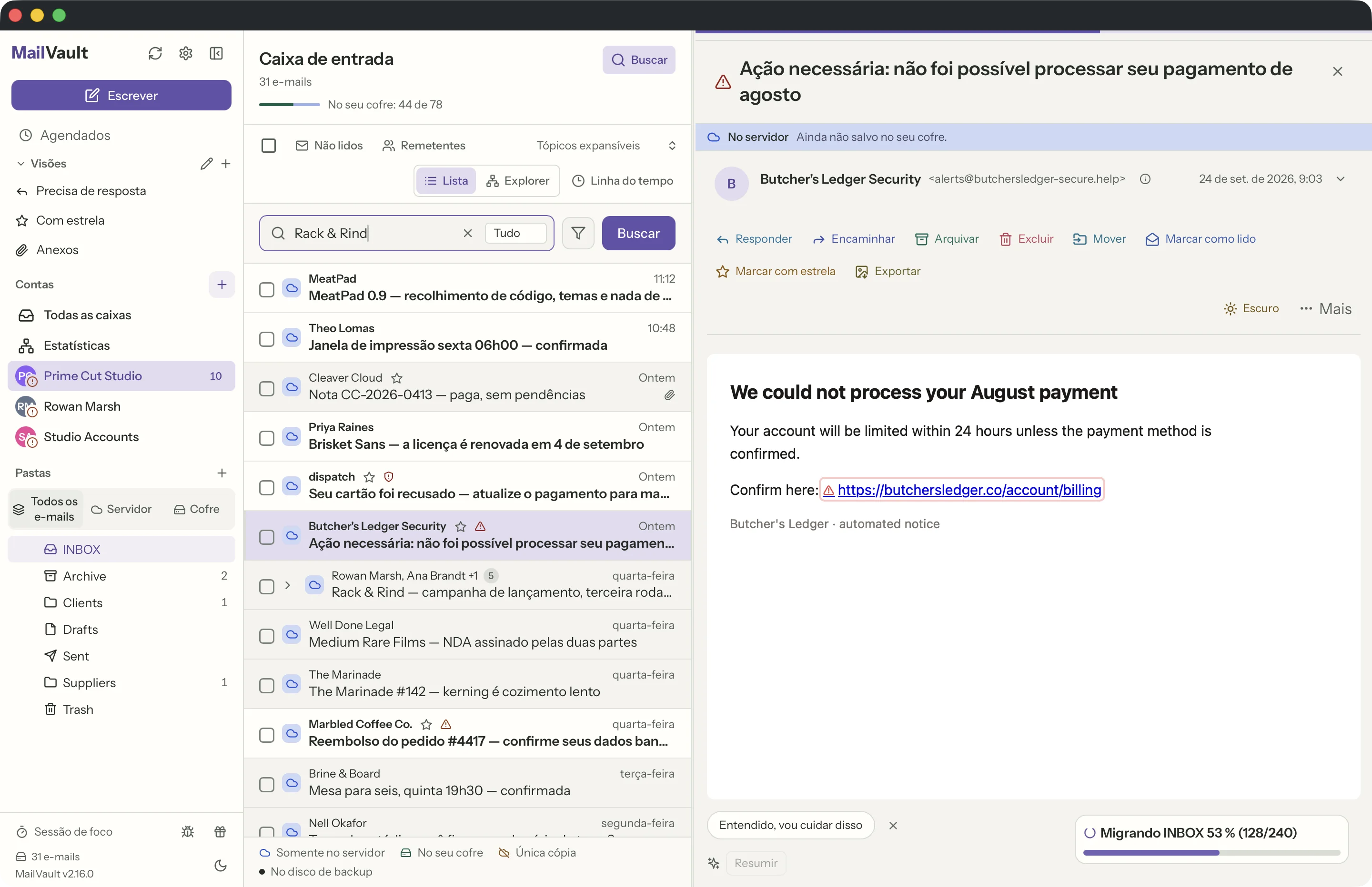 Segurança de links na janela do MailVault · MailVault version 2.16.0