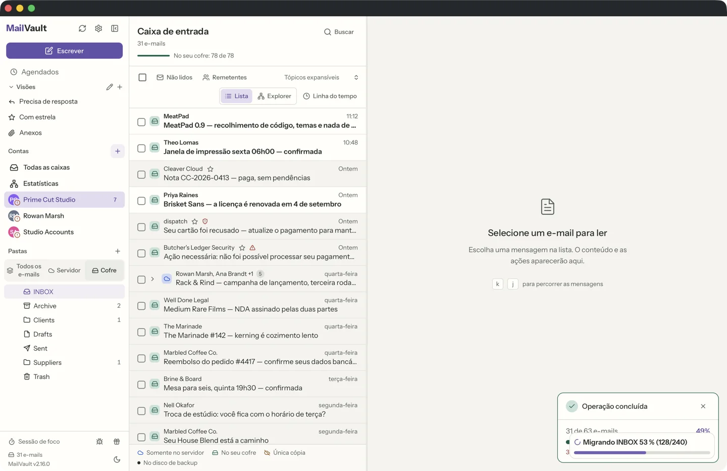 MailVault version 2.16.0 pt-br Visão local do MailVault mostrando e-mails guardados no disco depois de apagados do servidor · MailVault version 2.16.0 pt-br