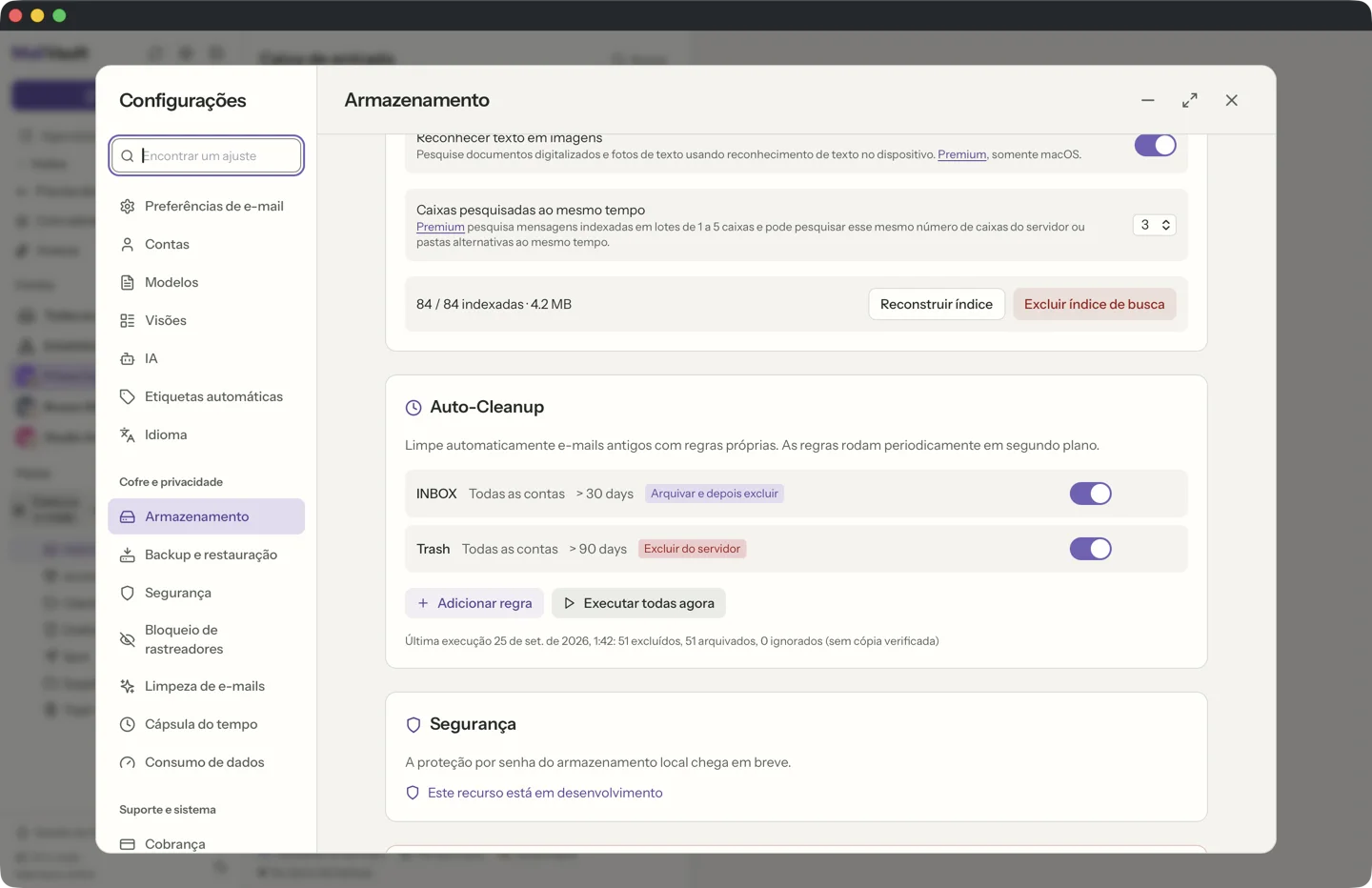 Regras de limpeza automática no MailVault · MailVault version 2.16.0