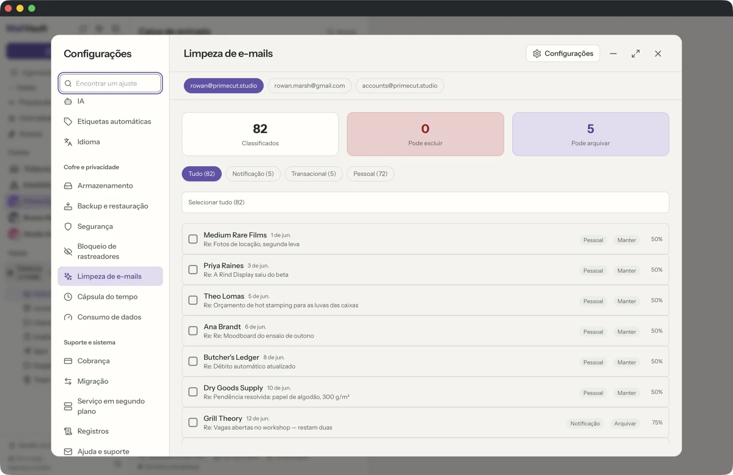 Limpeza de e-mail no MailVault · MailVault version 2.16.0
