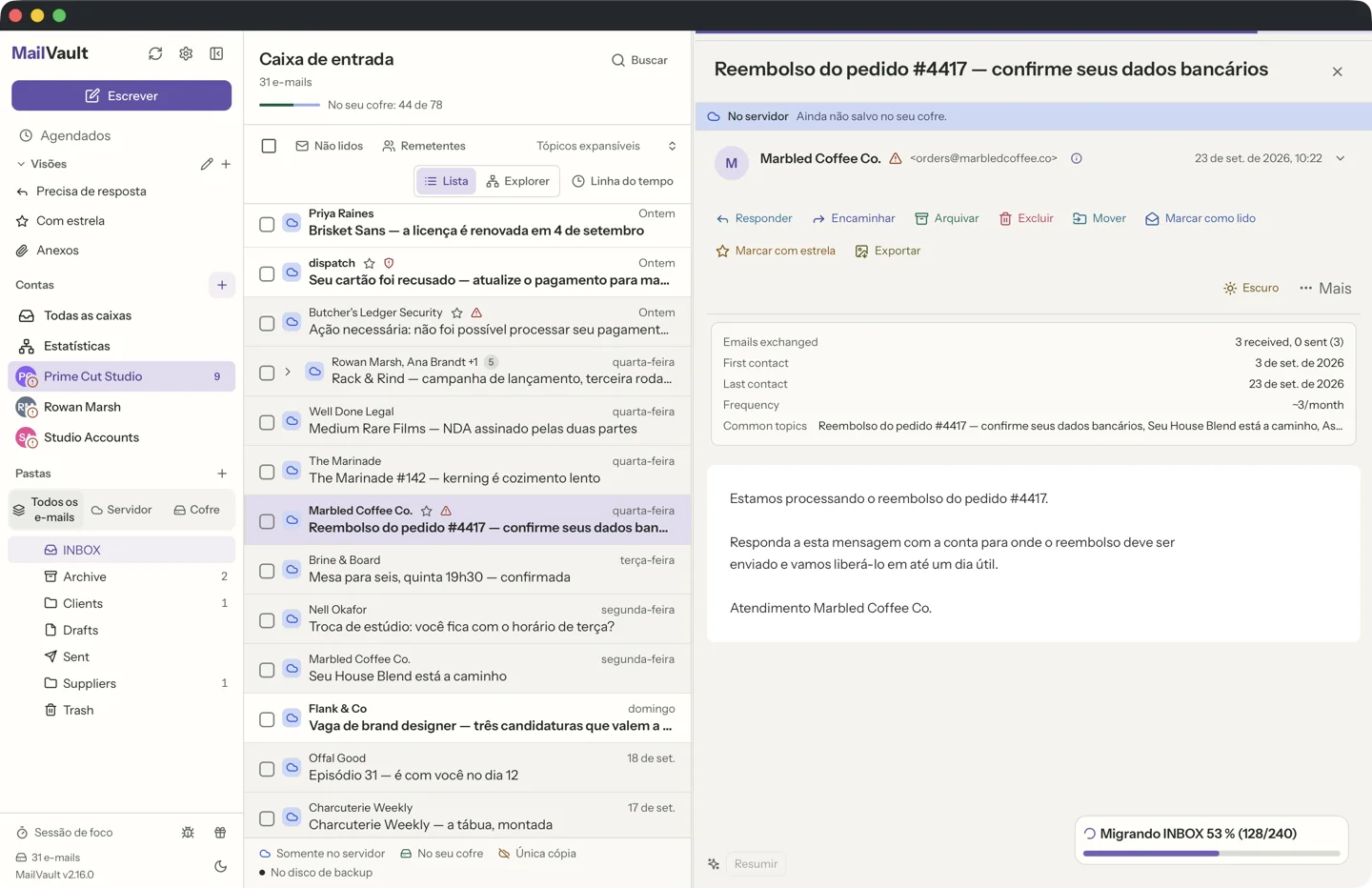 MailVault version 2.16.0 Detalhes do remetente no MailVault mostrando que o endereço de Reply-To difere do remetente — detecção de phishing · MailVault version 2.16.0