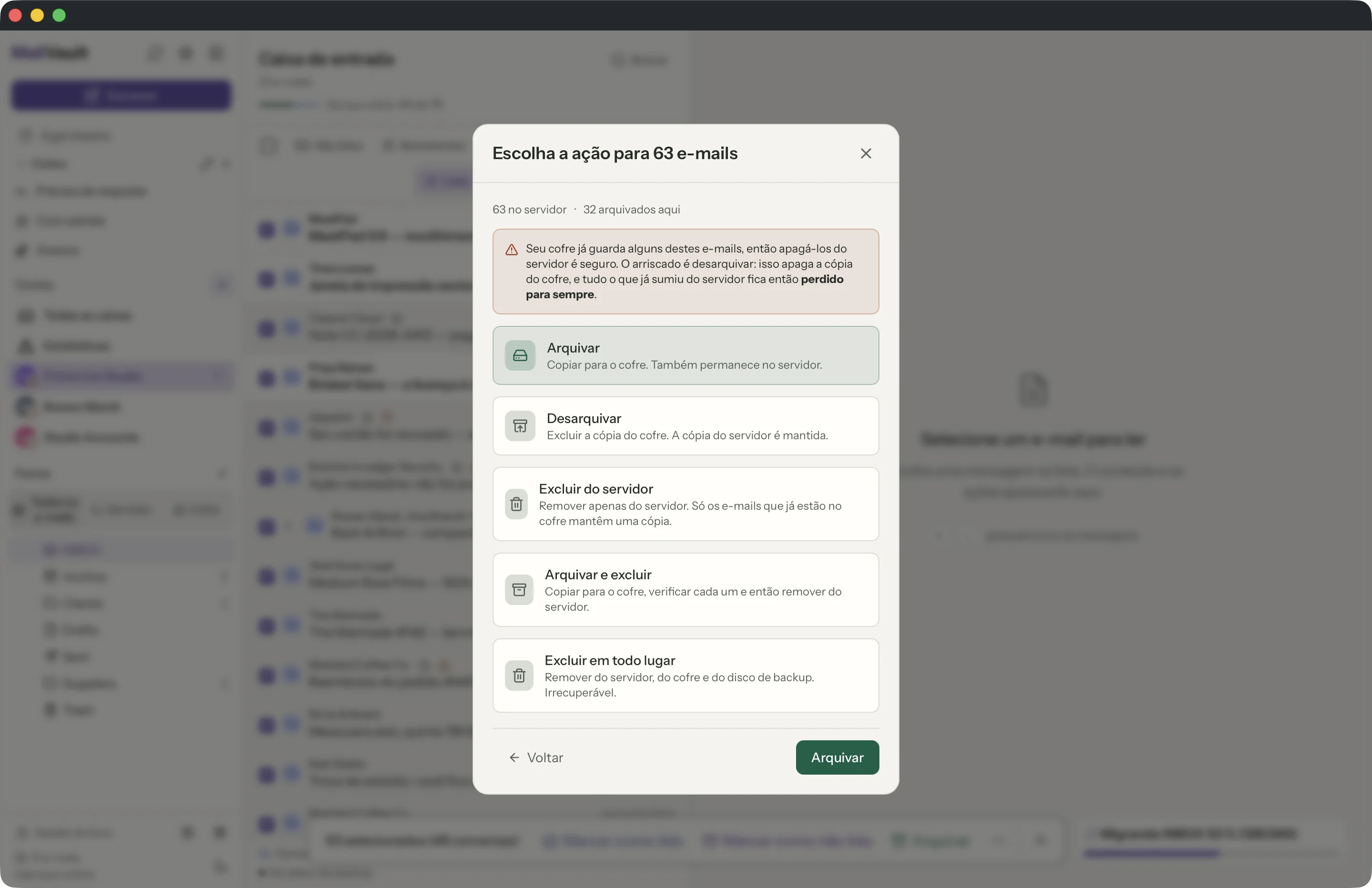 Arquivar e excluir na janela do MailVault · MailVault version 2.16.0