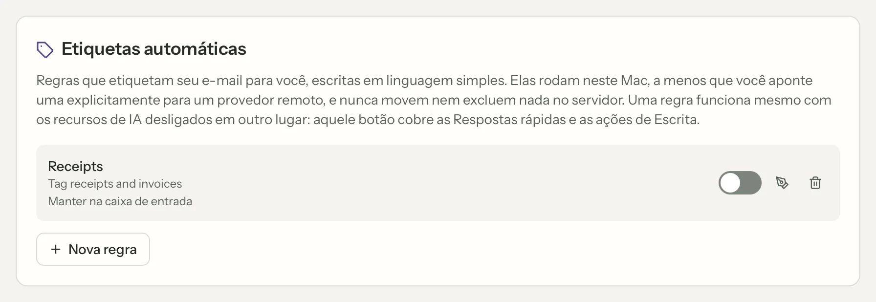 MailVault version 2.16.0 pt-br Configurações de Etiquetas automáticas com uma regra Recibos, seu controle de ativação e o botão Nova regra · MailVault version 2.16.0 pt-br