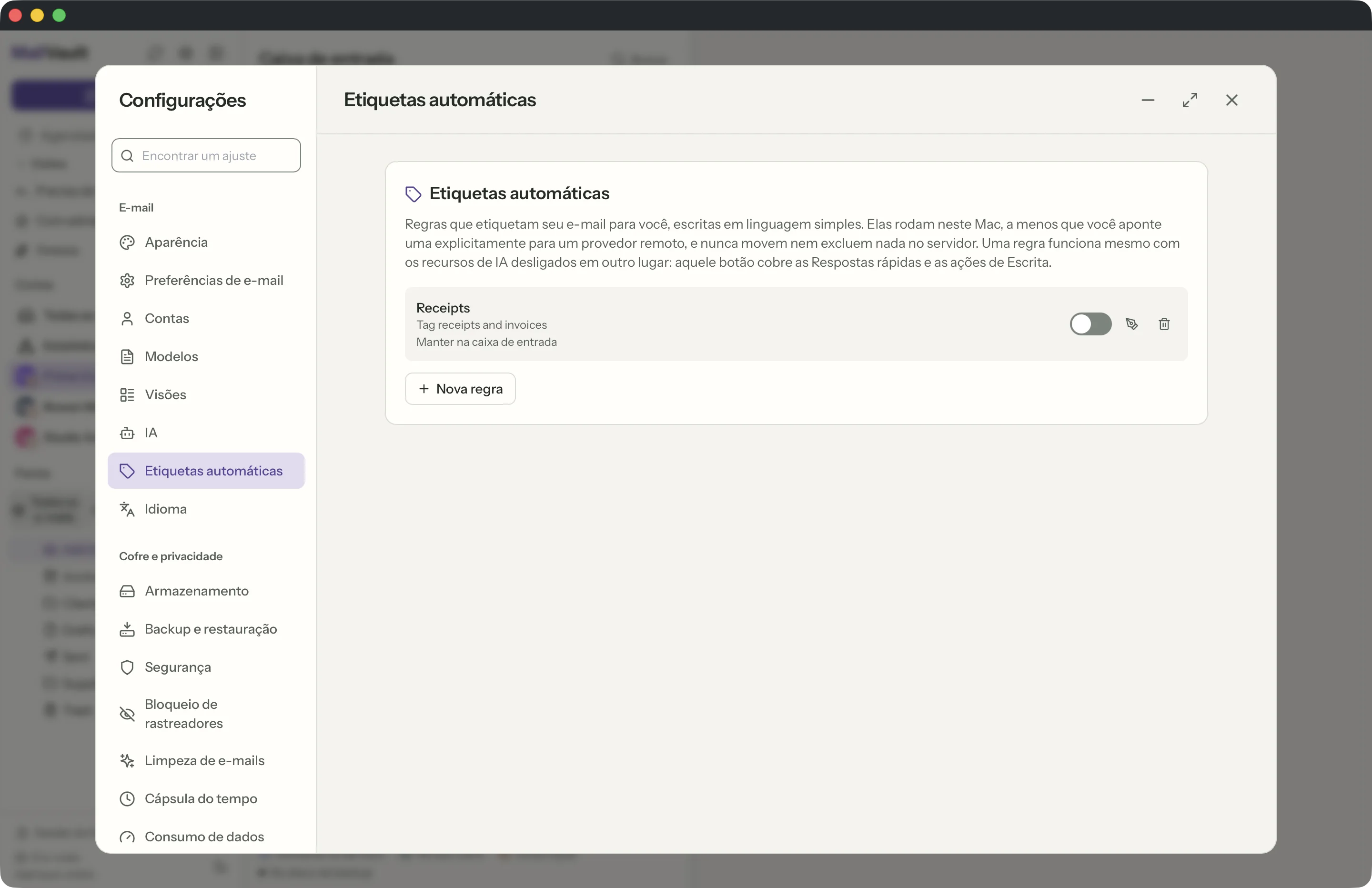 Regras de etiquetas na janela do MailVault · MailVault version 2.16.0