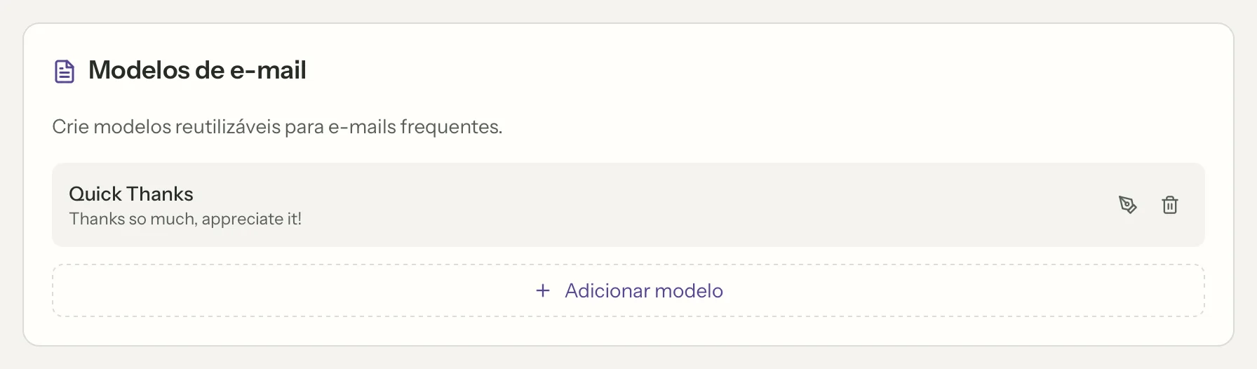 MailVault version 2.16.0 pt-br Configurações de Modelos de e-mail com um modelo salvo de agradecimento breve e o botão Adicionar modelo · MailVault version 2.16.0 pt-br