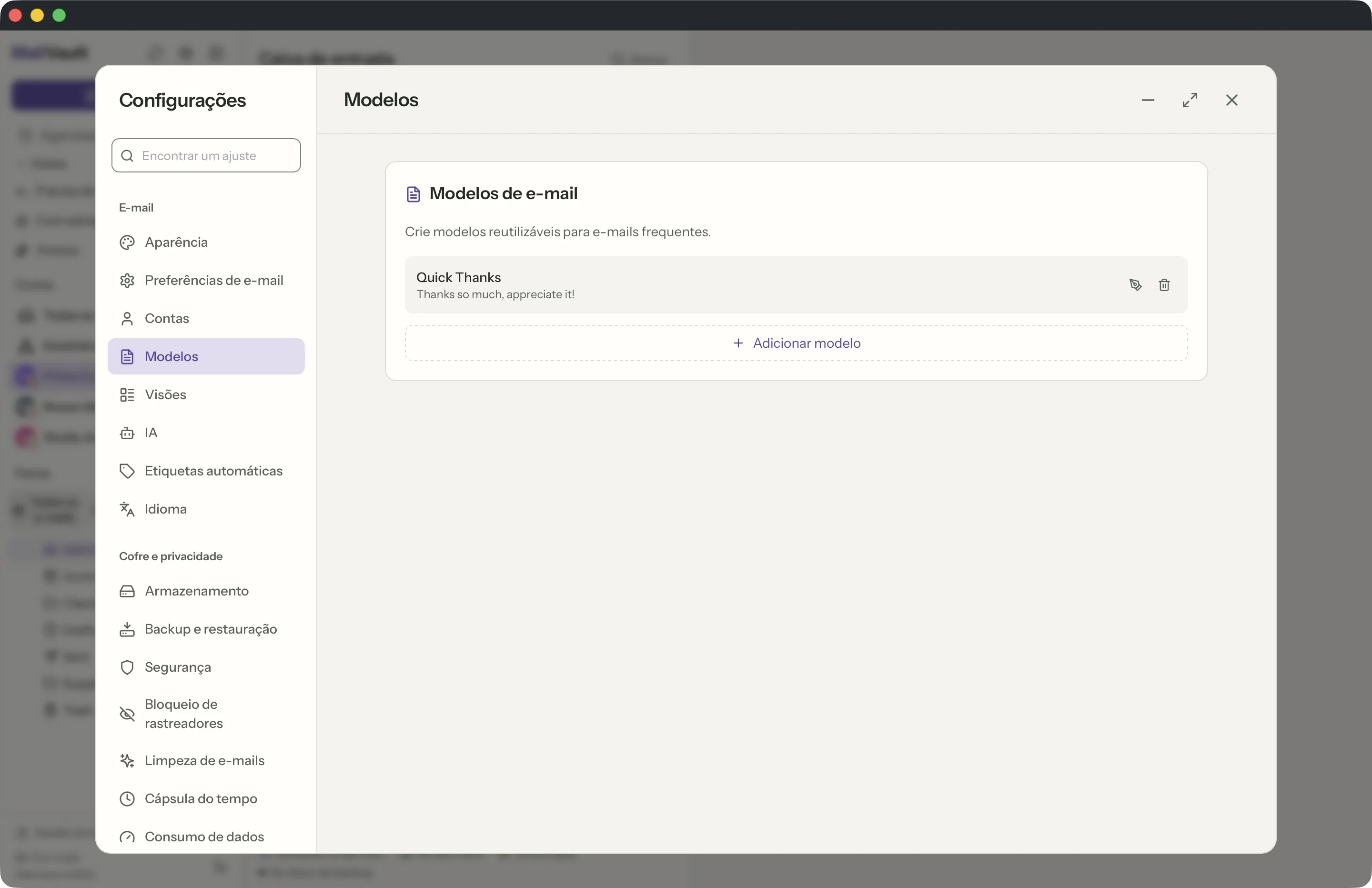 Modelos na janela do MailVault · MailVault version 2.16.0