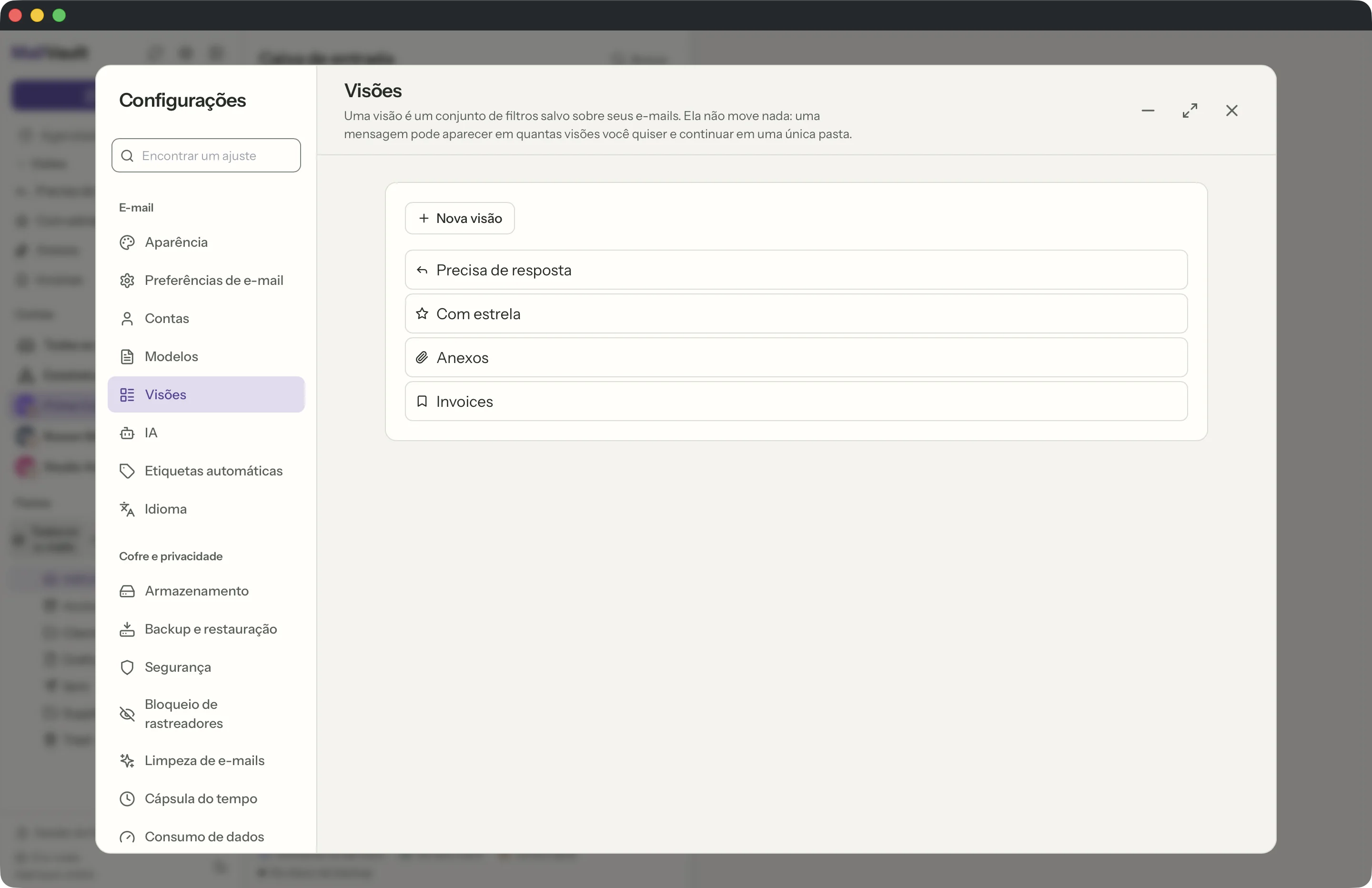 Visões salvas na janela do MailVault · MailVault version 2.16.0
