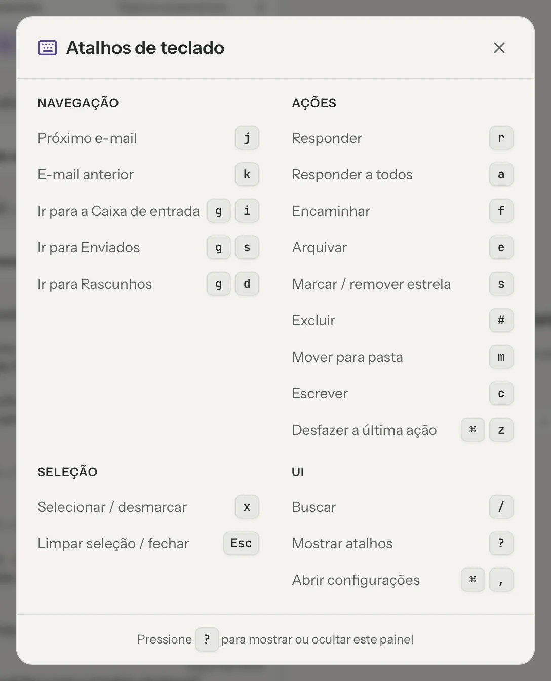 Atalhos de teclado no MailVault, em detalhe · MailVault version 2.16.0