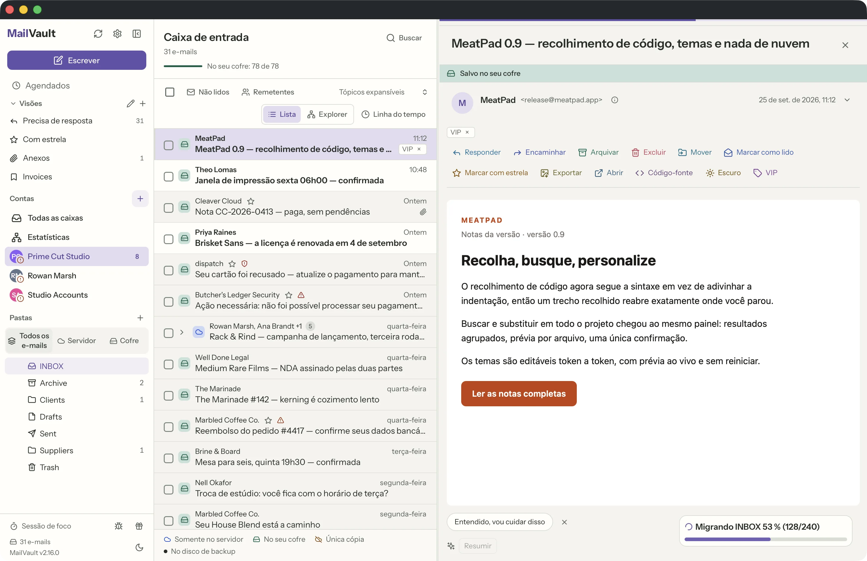 Tags na janela do MailVault · MailVault version 2.16.0