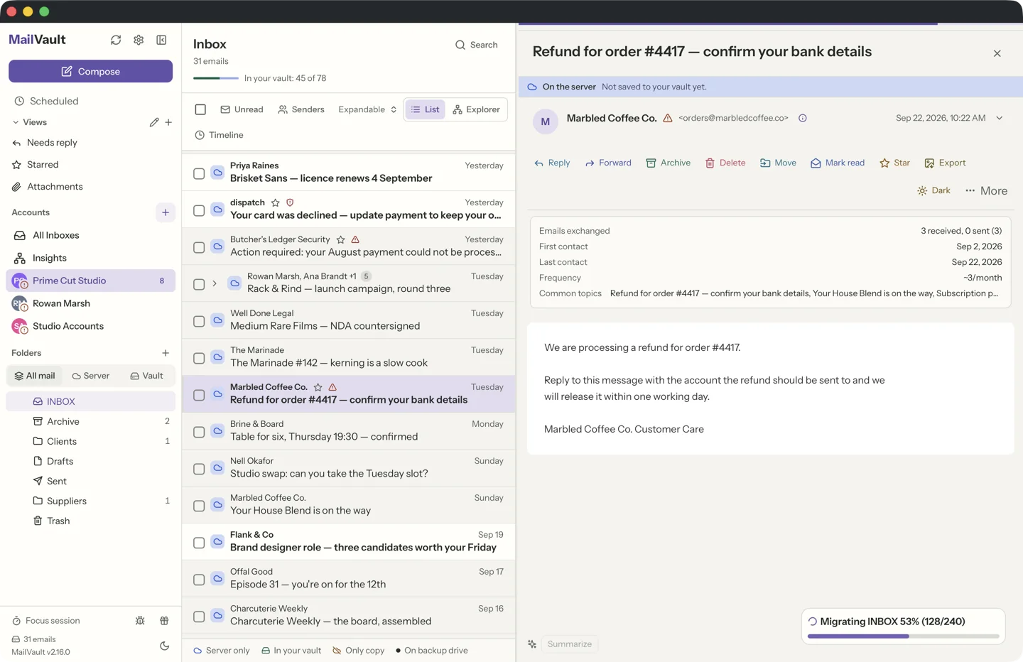 MailVault version 2.16.0 MailVault sender details popover showing Reply-To address differs from sender — phishing detection · MailVault version 2.16.0