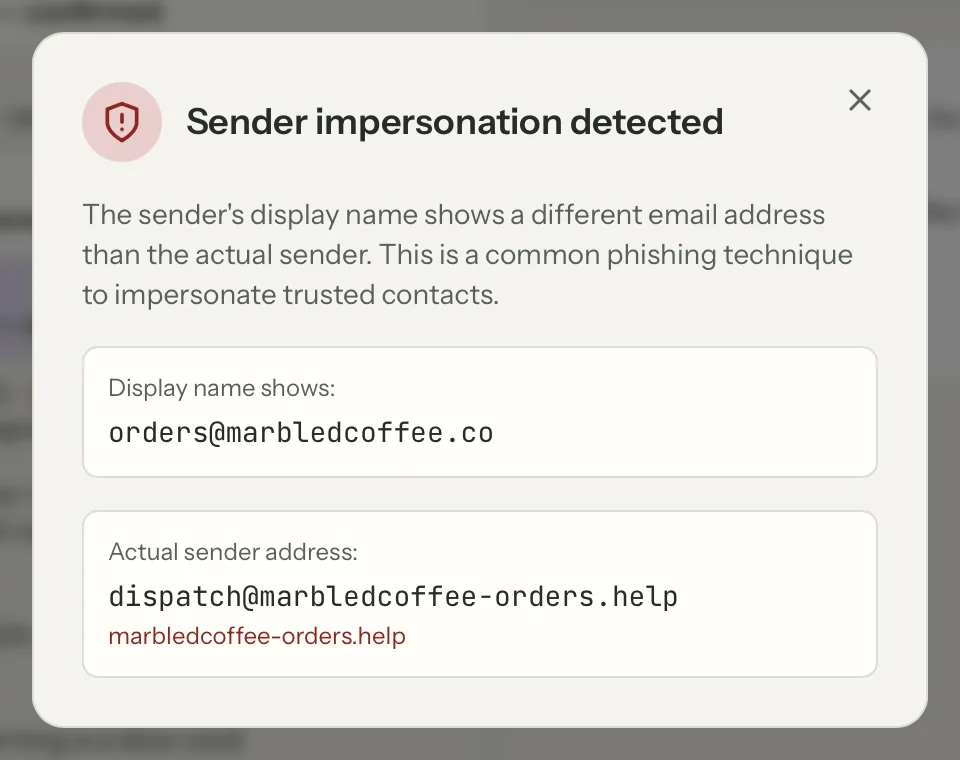 Sender verification in MailVault, close up · MailVault version 2.16.0