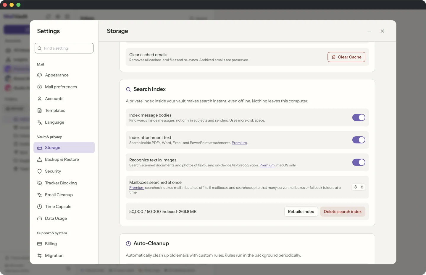 MailVault version 2.15.0 en MailVault Settings, Storage tab, Search index card showing 50,000 / 50,000 indexed and about 270 MB, with switches for message bodies, attachment text and text in images. · MailVault version 2.15.0 en