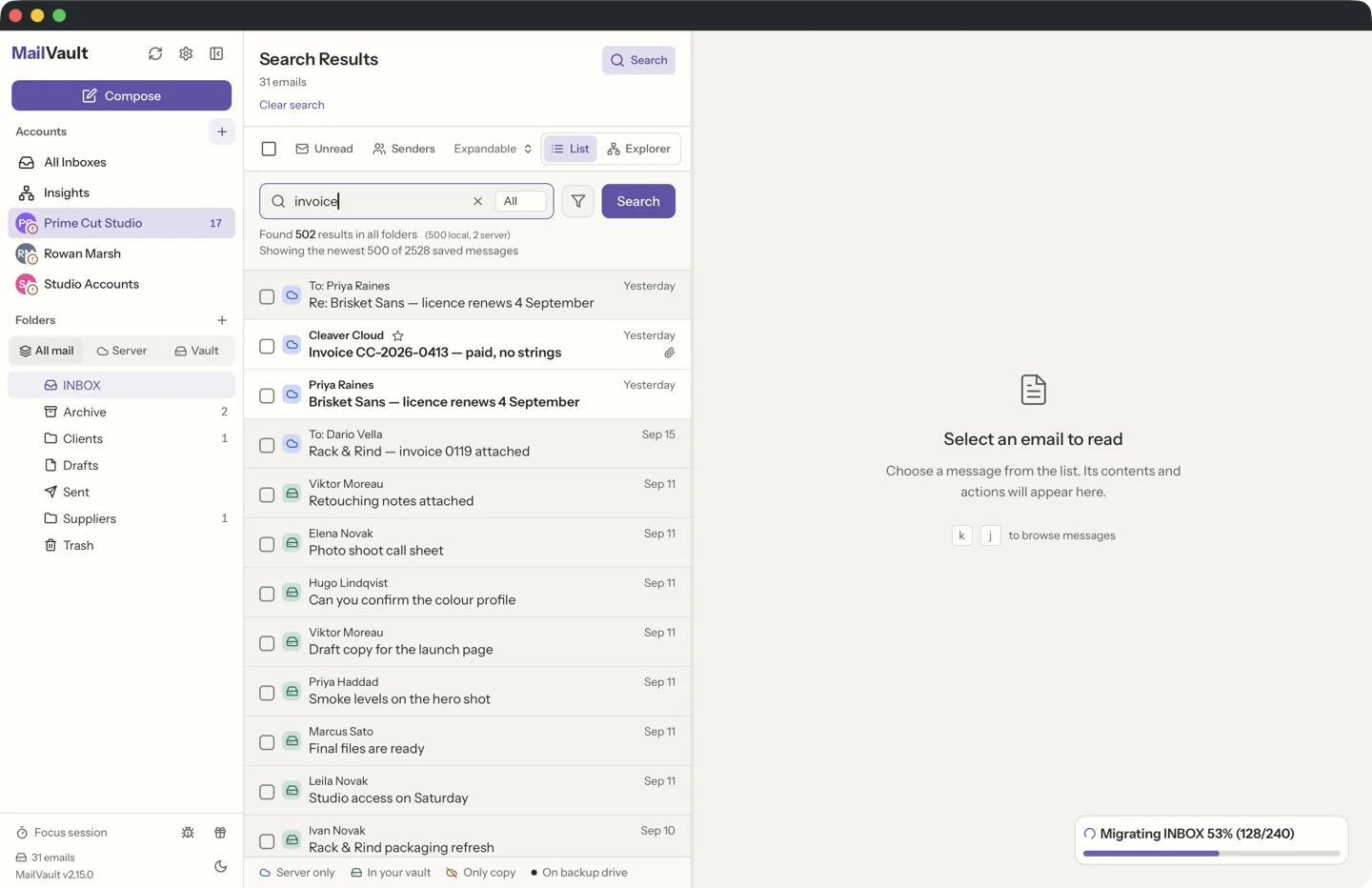 MailVault version 2.15.0 en MailVault search results for the word invoice on a 50,000-message vault. Under the search box, the header says the list shows the newest 500 of about 2,500 saved matches in all folders, above a list of message rows. · MailVault version 2.15.0 en