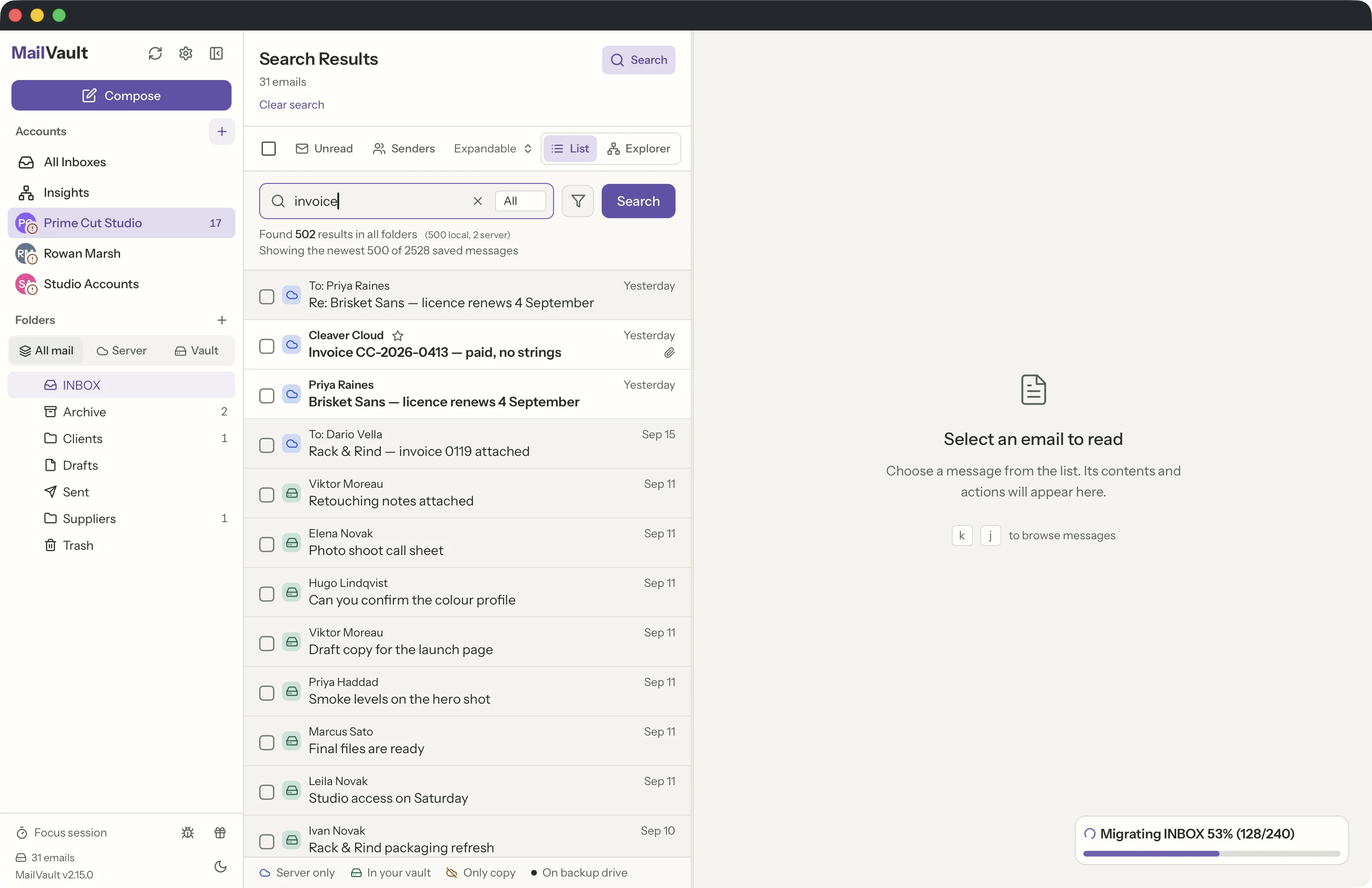 Search in the MailVault window · MailVault version 2.15.0