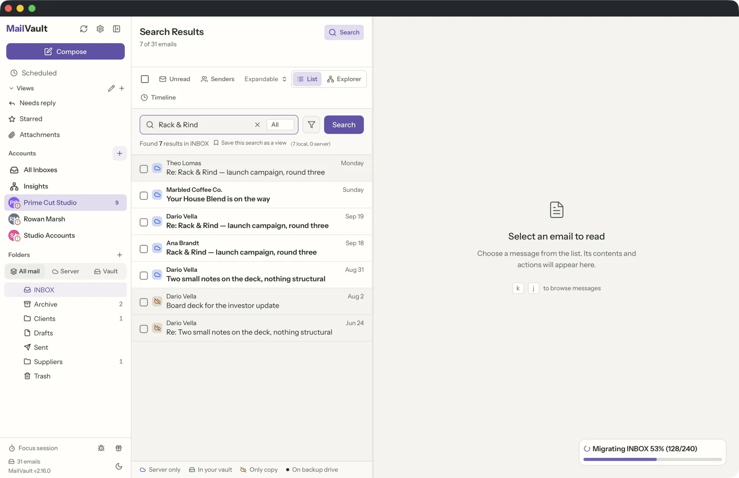 MailVault search results for Rack and Rind. The line under the search box reads Found 7 results in INBOX, 7 local, 0 server, and the list shows the seven matching messages. · MailVault version 2.16.0 en
