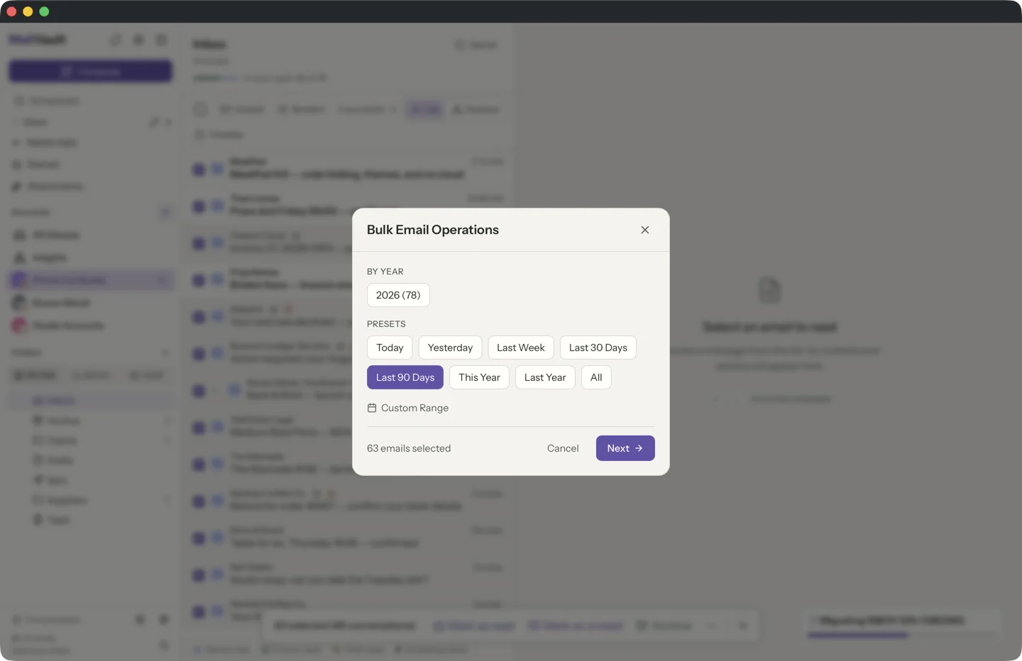 MailVault version 2.16.0 MailVault bulk selection dialog with date range picker, year shortcuts, and action buttons for archive, delete, or archive and delete · MailVault version 2.16.0