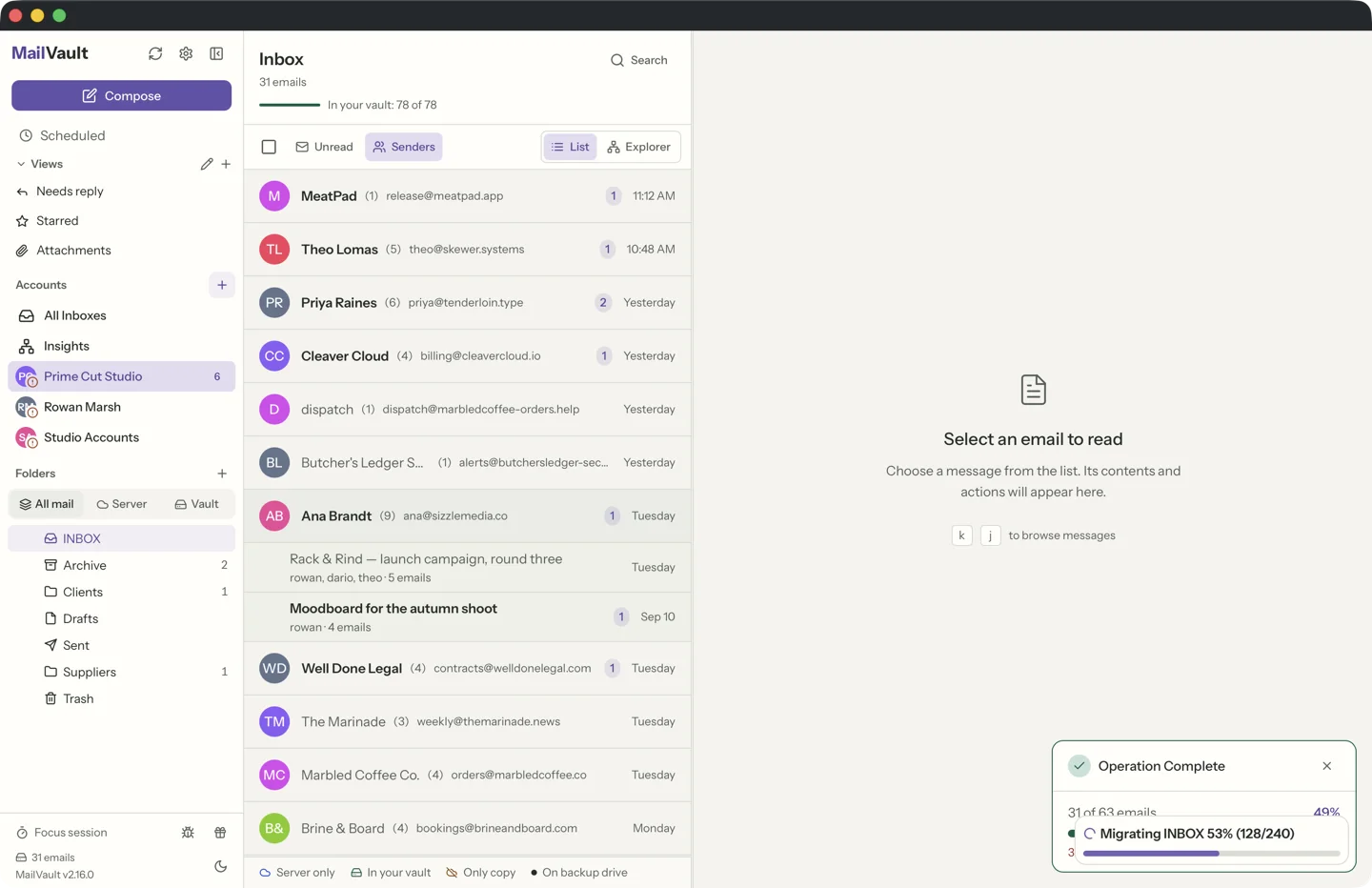MailVault version 2.16.0 MailVault sender grouped view with expanded topic showing sent replies interleaved · MailVault version 2.16.0