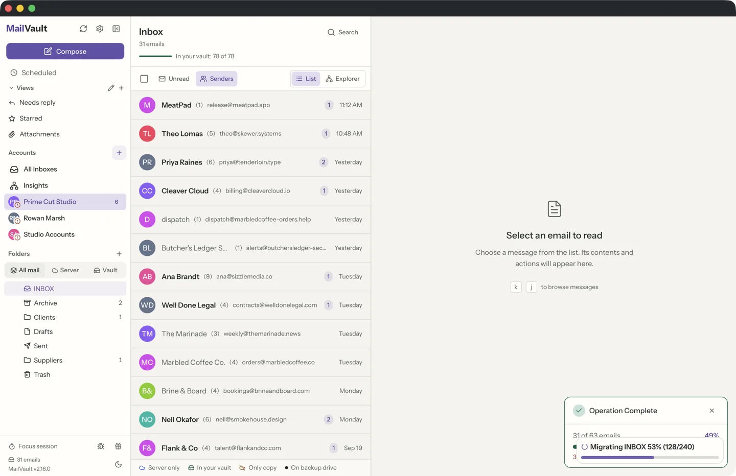 MailVault version 2.16.0 MailVault group by sender view showing emails organized by contact · MailVault version 2.16.0