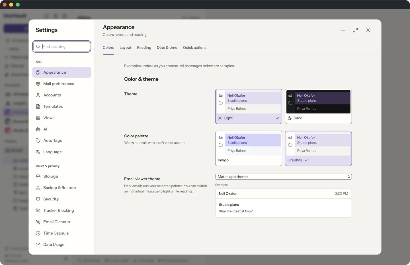 MailVault version 2.16.0 MailVault appearance settings with dark mode toggle, email viewer theme, and date and time format pickers · MailVault version 2.16.0