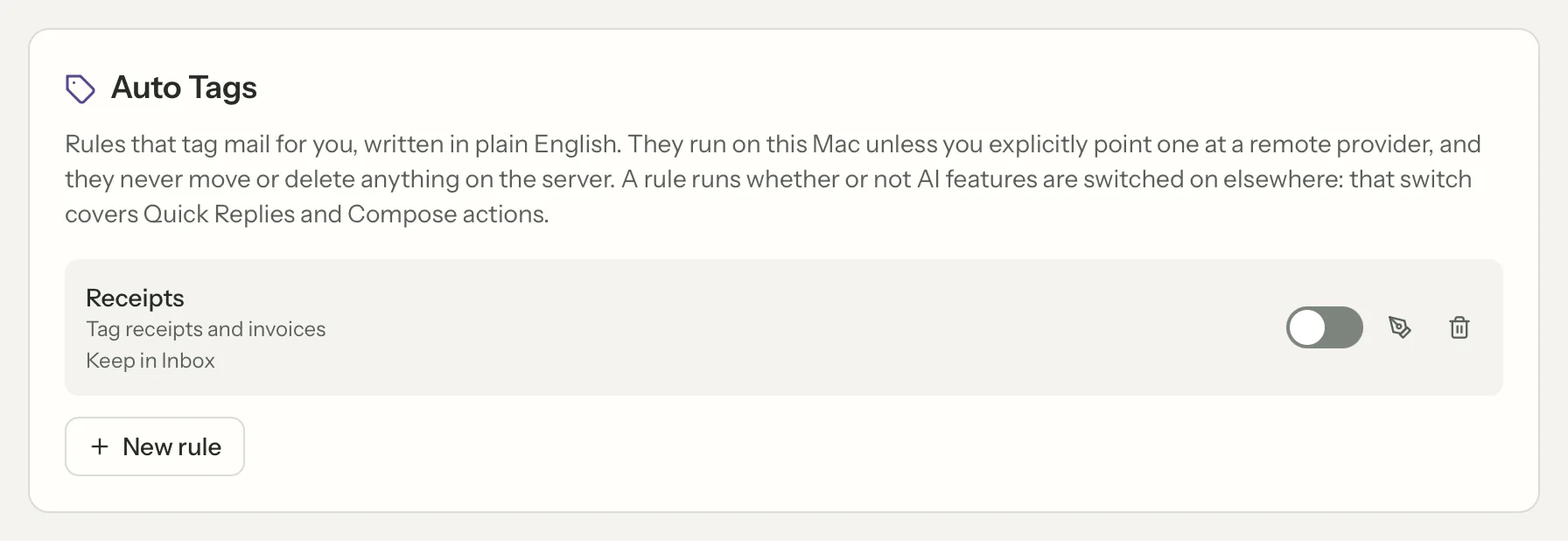 Tagging rules in MailVault, close up · MailVault version 2.16.0