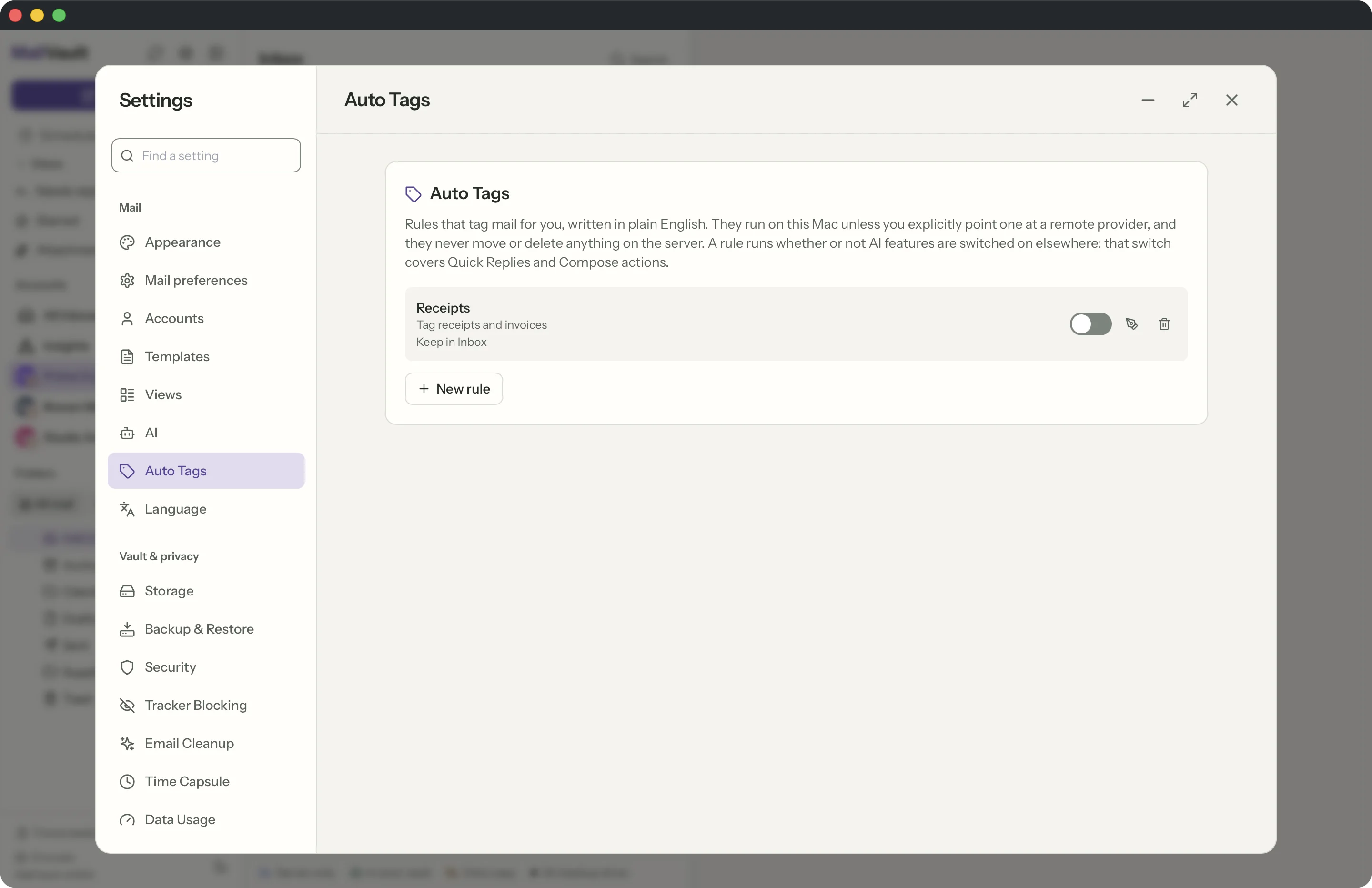 Tagging rules in the MailVault window · MailVault version 2.16.0