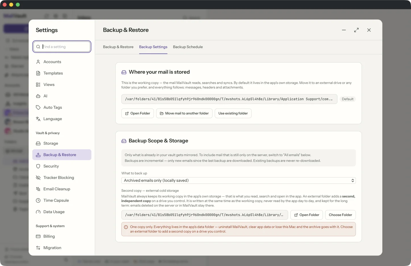 MailVault Settings, Backup and Restore, Backup Settings tab. It shows where the mail is stored with Open Folder and Move mail buttons, the What to back up menu set to Archived emails only, and the second copy, external cold storage folder picker. · MailVault version 2.16.0 en
