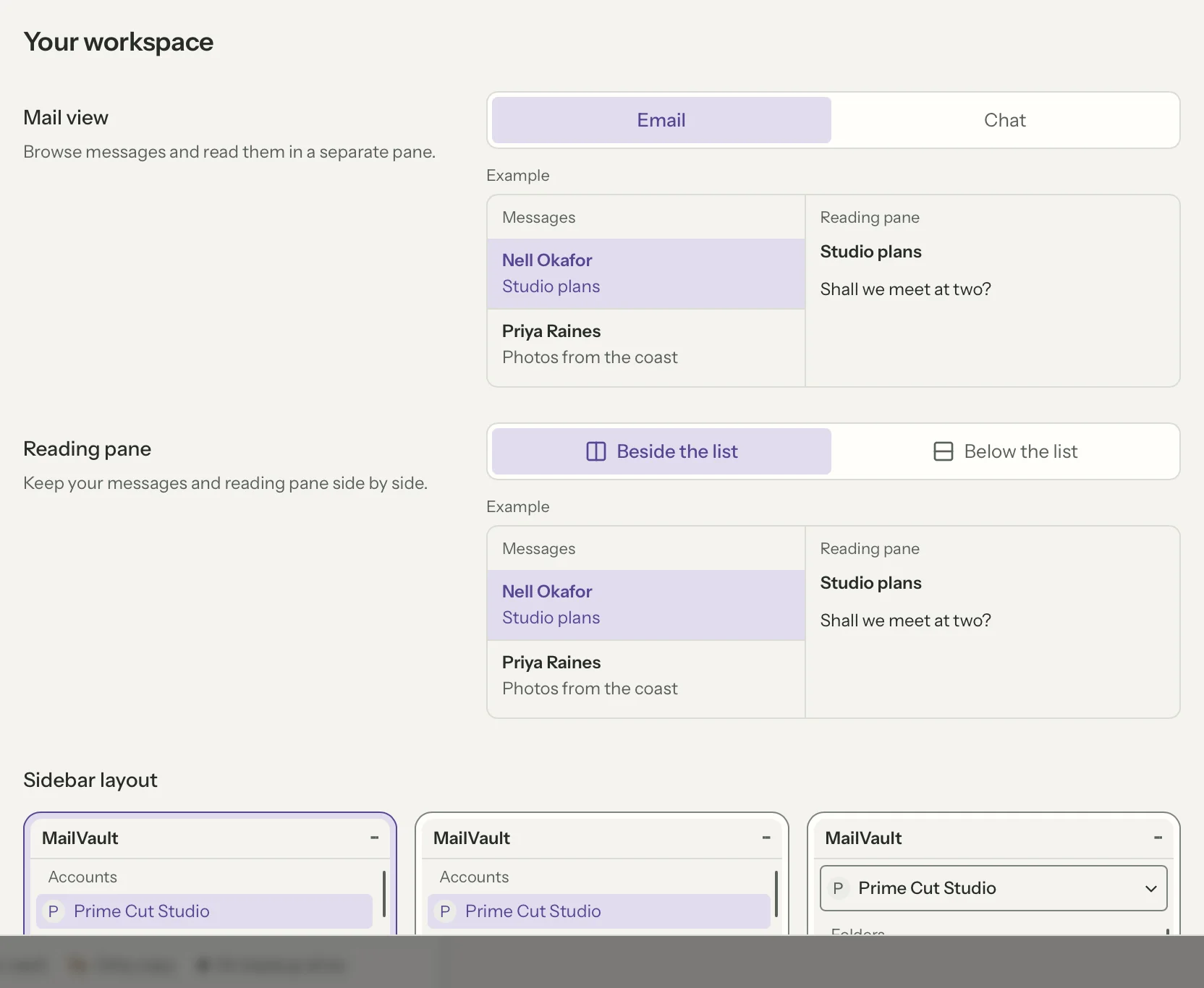 Layouts in MailVault, close up · MailVault version 2.16.0