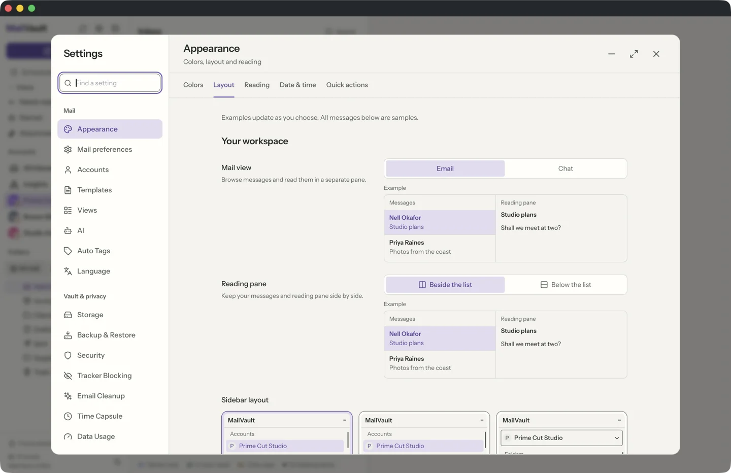 MailVault Settings Appearance Layout section, showing reading pane, message rows, sidebar layout and density options · MailVault version 2.16.0 en