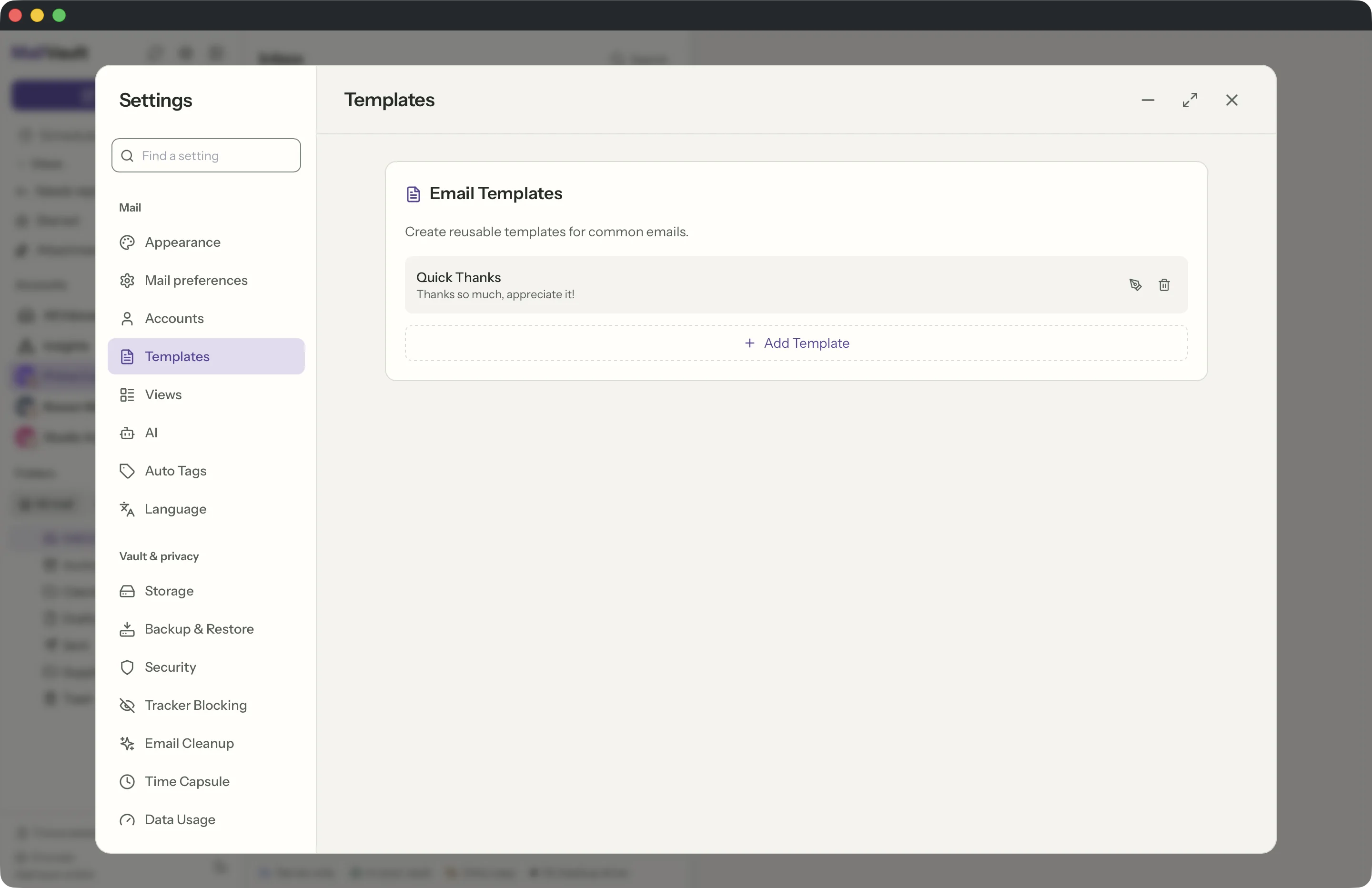 Templates in the MailVault window · MailVault version 2.16.0