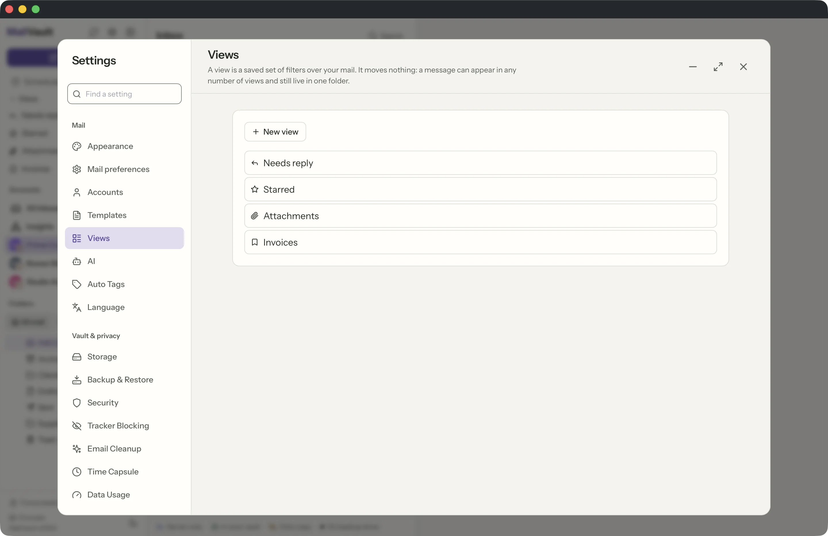 Saved views in the MailVault window · MailVault version 2.16.0