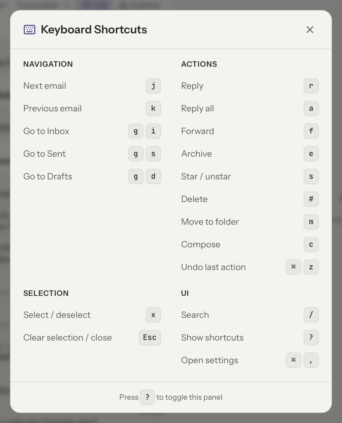 Keyboard shortcuts in MailVault, close up · MailVault version 2.16.0