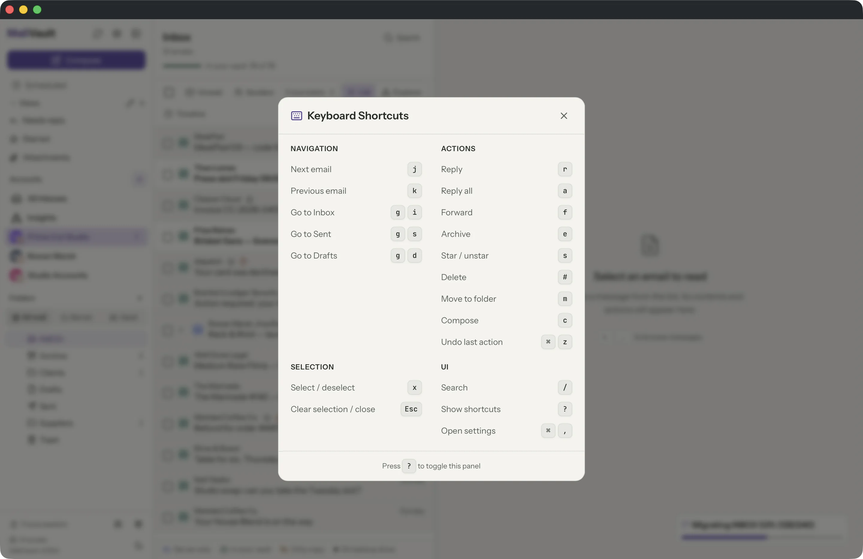Keyboard shortcuts in the MailVault window · MailVault version 2.16.0