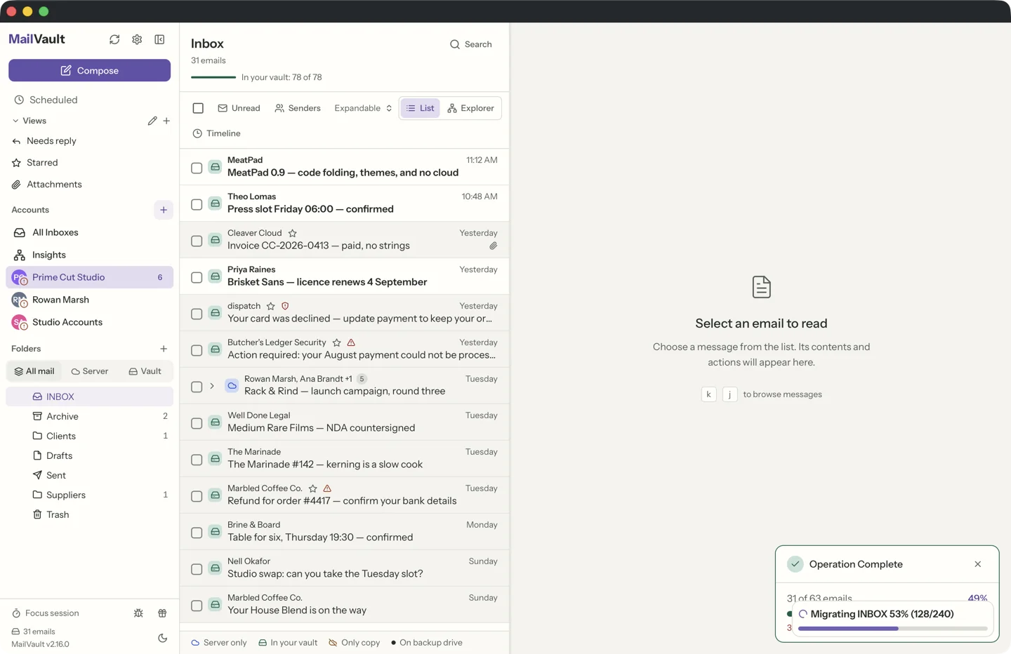 The MailVault inbox with a vault icon on each message row. A legend at the bottom of the list reads Server only, In your vault, Only copy and On backup drive, and the folder list has All mail, Server and Vault switches. · MailVault version 2.16.0 en