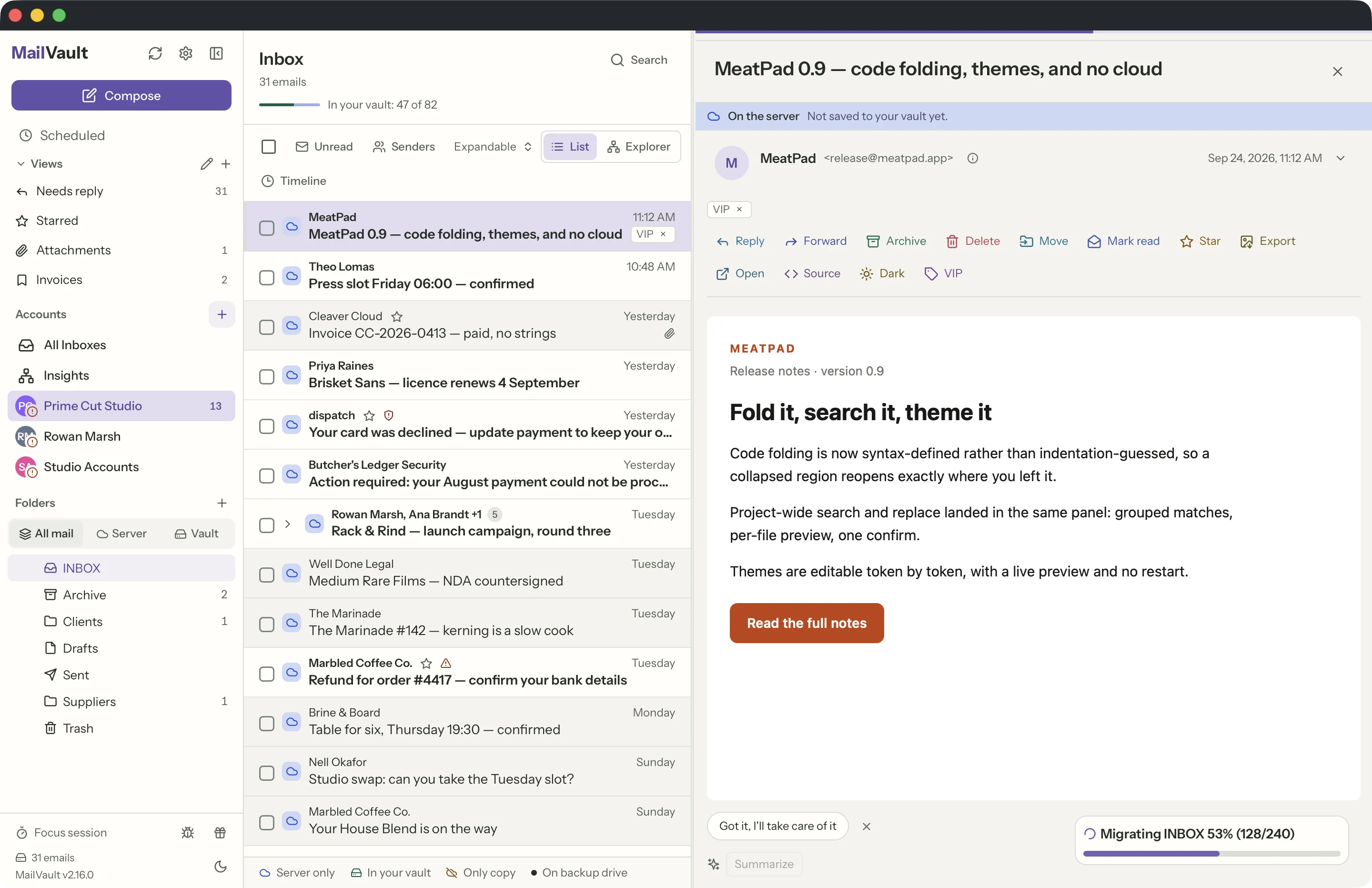 Tags in the MailVault window · MailVault version 2.16.0