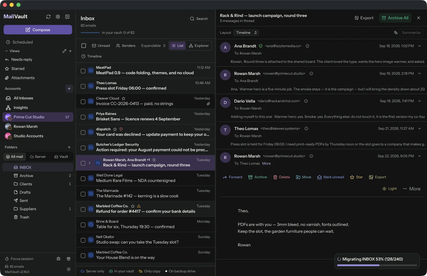 MailVault inbox · MailVault version 2.16.0