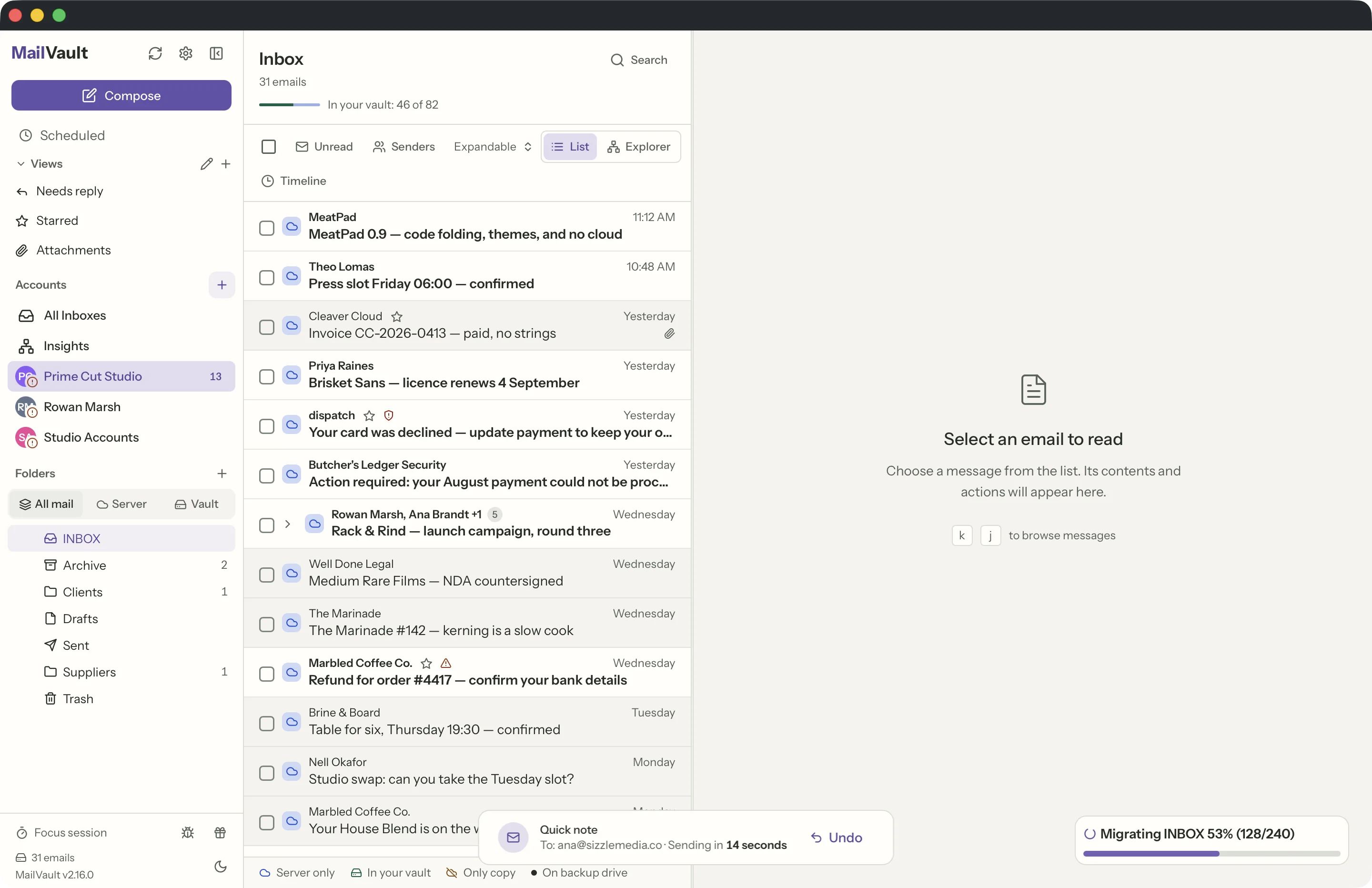 Undo Send in the MailVault window · MailVault version 2.16.0