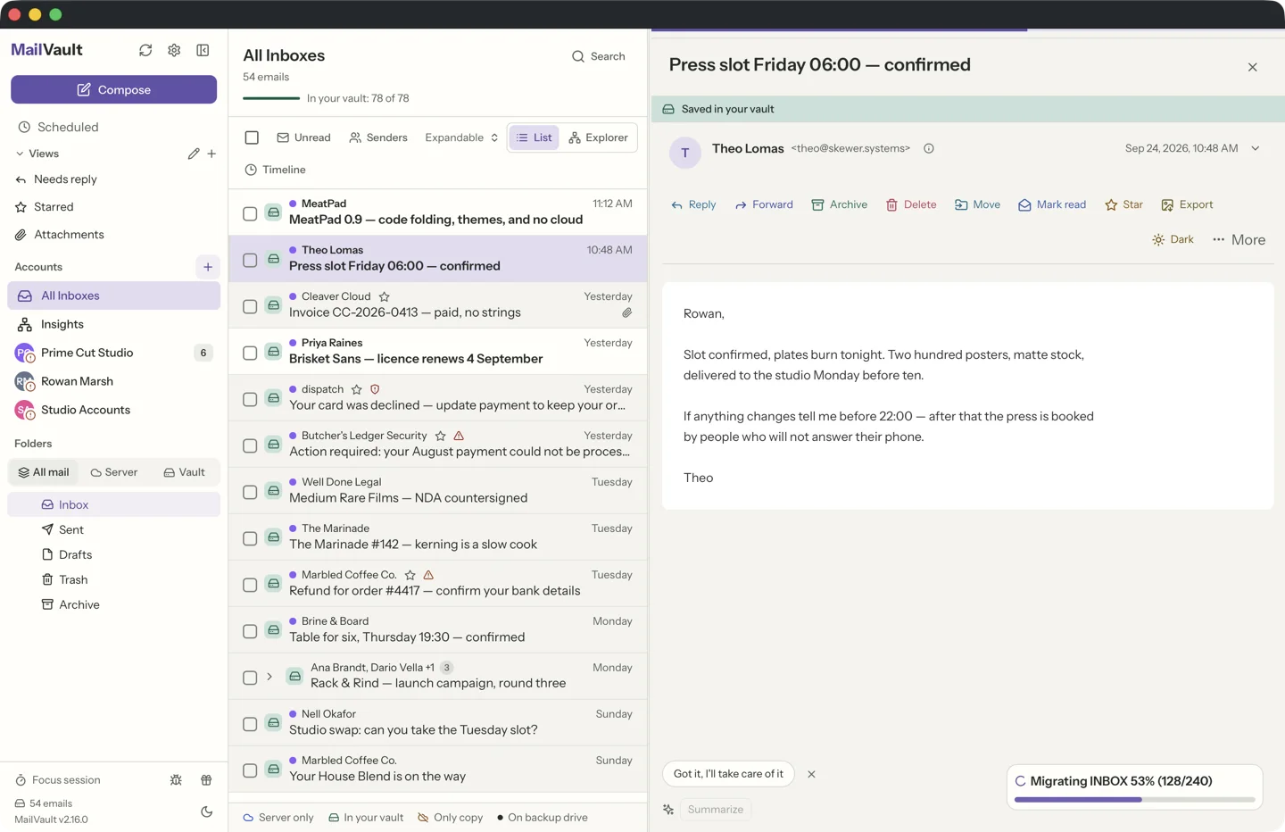 MailVault version 2.16.0 MailVault unified inbox merging three accounts into one list with per-account avatar colours · MailVault version 2.16.0