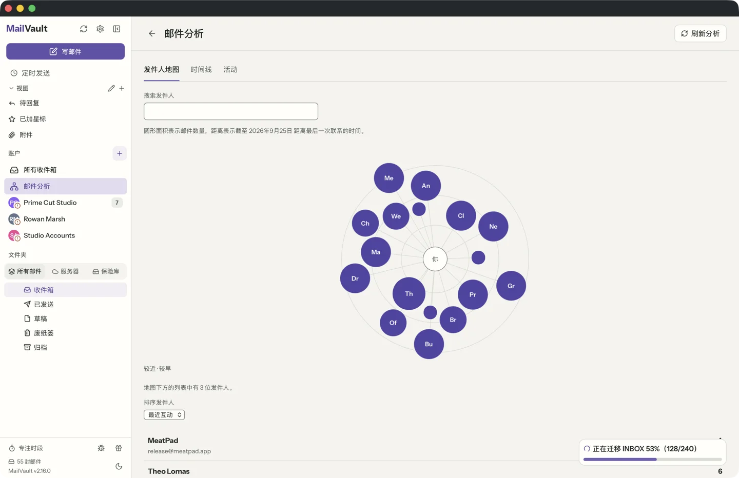 MailVault version 2.16.0 MailVault 邮件分析 发件人地图,每位联系人画成一个气泡,大小取决于邮件数量,位置取决于最近联系时间 · MailVault version 2.16.0